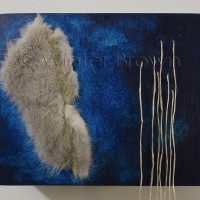 indigo with fur & prayer sticks - abstract acrylic, fur & cedar painting on wood by contemporary Native Canadian painter Winter Brown
