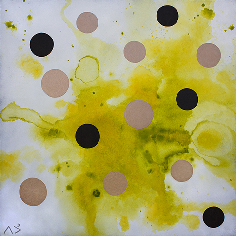 self-love with circles contemporary Indigenous Native American abstract expressionist acrylic painting with tribal geometry circles adornment by matriarchal First Nations Plains Cree Anishnawbe artist Bebonkwe Brown (yellow, green, copper, white and black colors)