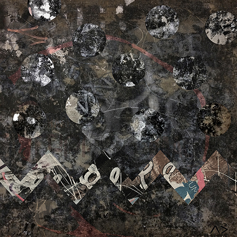 gathering 3682 contemporary Indigenous Native American abstract expressionist photo-based painting with geometric tribal chevron adornment by matriarchal First Nations Plains Cree Anishnawbe artist Bebonkwe Brown (grey, pink, brown, black and white colors)