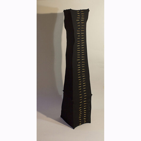 alchemist princess contemporary multimedia Indigenous Native American sculpture with sticks, fabric, sinew and gold wood ball by First Nations Plains Cree Anishnawbe Metis artist Bebonkwe Brown (black color)