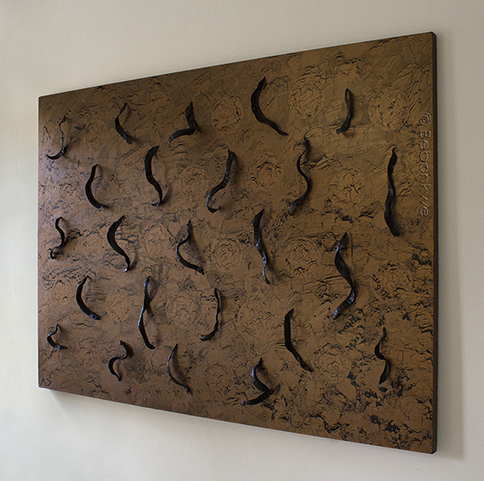 copper gathering contemporary Indigenous Native American abstract expressionist textured painting with tribal geometry circles adornment by matriarchal First Nations Plains Cree Anishnawbe artist Bebonkwe Brown (copper and black colors)