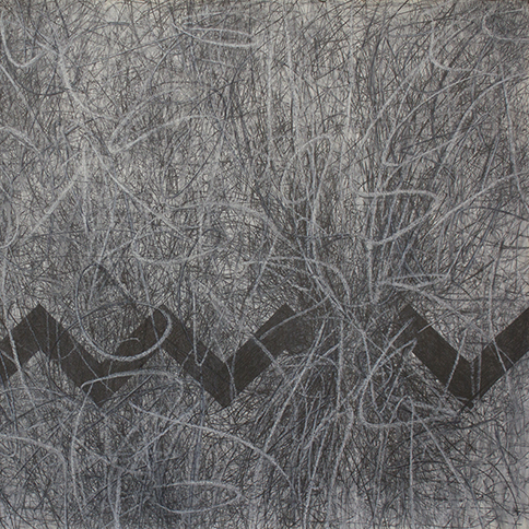 entangled interTribal (kya) contemporary Indigenous Native American abstract expressionist gestural drawing with geometric chevron adornment by matriarchal First Nations Plains Cree Anishnawbe artist Bebonkwe Brown (graphite and white colors)