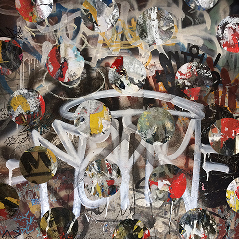 gathering 0995 contemporary Indigenous Native American abstract expressionist photo-based painting by matriarchal First Nations Plains Cree Anishnawbe artist Bebonkwe Brown (grey, turquoise, red, yellow, brown, black and white colors)