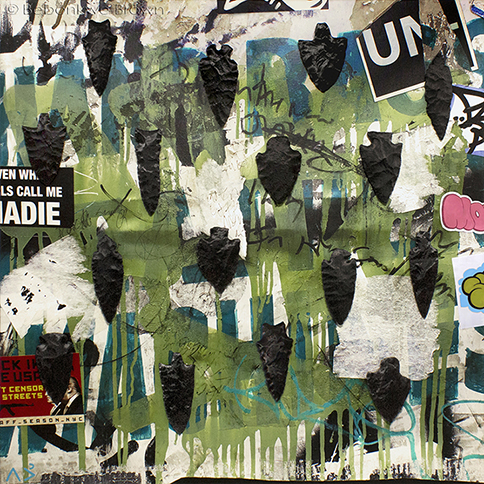 gathering 4220 call me contemporary Indigenous Native American abstract expressionist photo-based painting with 3D printed arrowheads adornment by matriarchal First Nations Plains Cree Anishnawbe artist Bebonkwe Brown (green, turquoise, red, pink, black and white color)