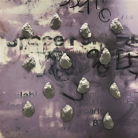 gathering 7050 contemporary Indigenous Native American abstract expressionist urban photo-based painting with 3d printed oyster shell adornment by matriarchal First Nations Plains Cree Anishnawbe artist Bebonkwe Brown (grey, mauve, black and white colors)