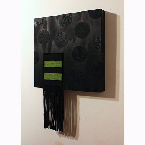 mînowin (recovery) contemporary Indigenous Native American abstract expressionist acrylic painting on plywood with tribal geometry floral brocade fabric circle and fringed beadwork adornments by matriarchal First Nations Plains Cree Anishnawbe artist Bebonkwe Brown (black and green colors)