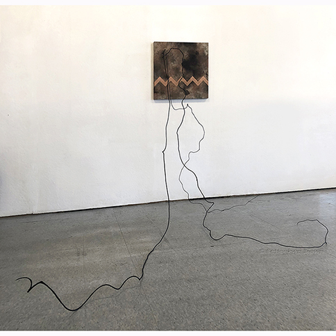 post-traumatic garden 3 contemporary Native abstract expressionist and pantribal geometric painting with vines by First Nations Plains Cree Anishnawbe Metis artist Bebonkwe Brown (green, brown, copper, bronze and black color)