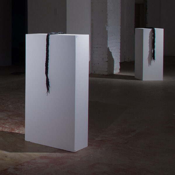 rubber braids contemporary Indigenous Native American sculpture by First Nations Plains Cree Anishnawbe Metis artist Bebonkwe Brown (black color bicycle inner tube rubber)